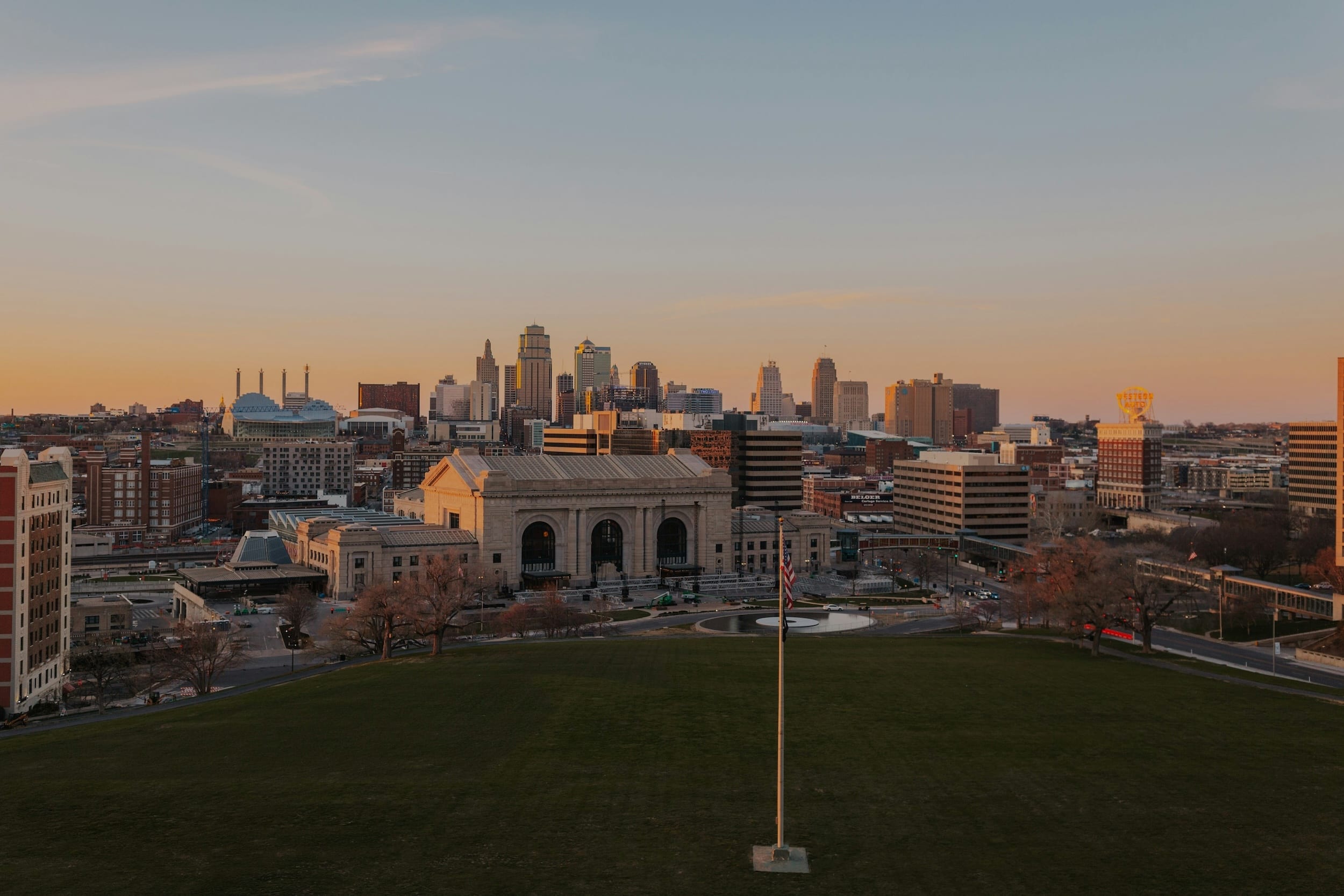 Kansas City skyline and Union Station at sunset